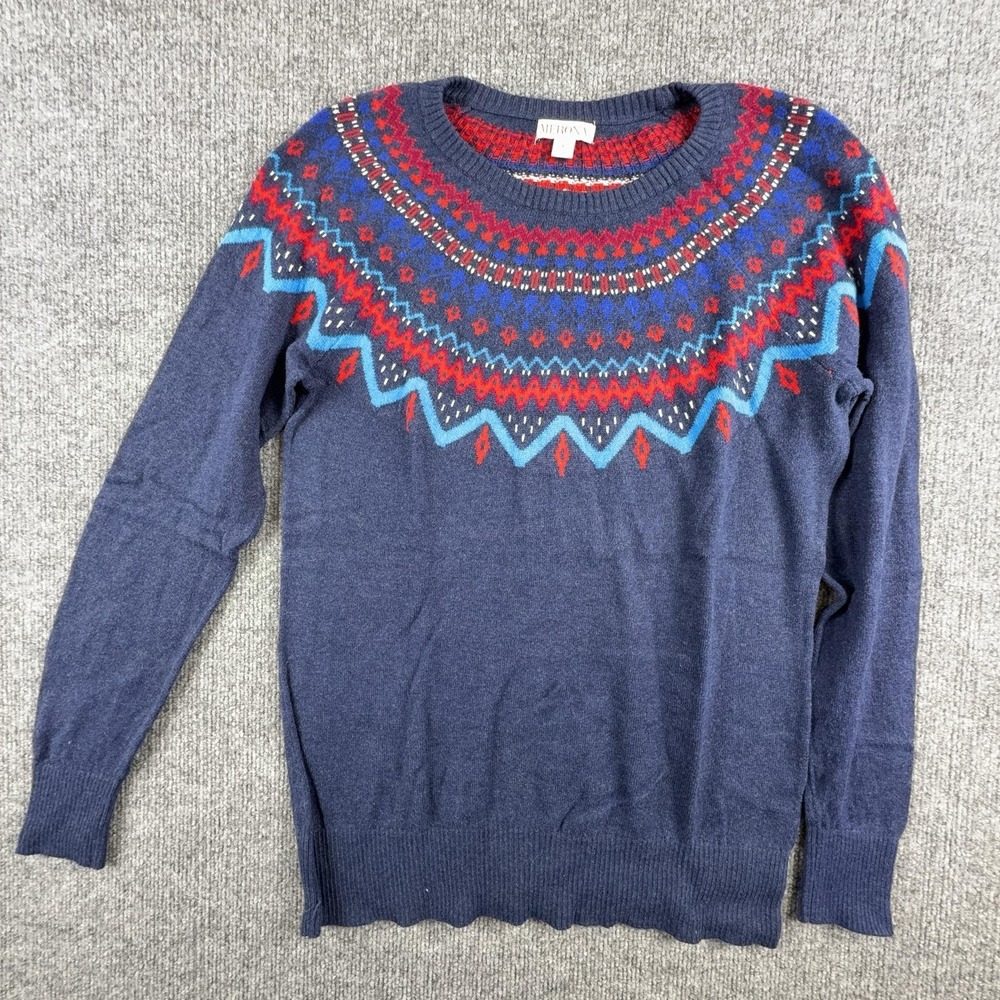 Merona Sweater Womens Large Blue Fair Isle Knit Crewneck Pullover Long Sleeve‎